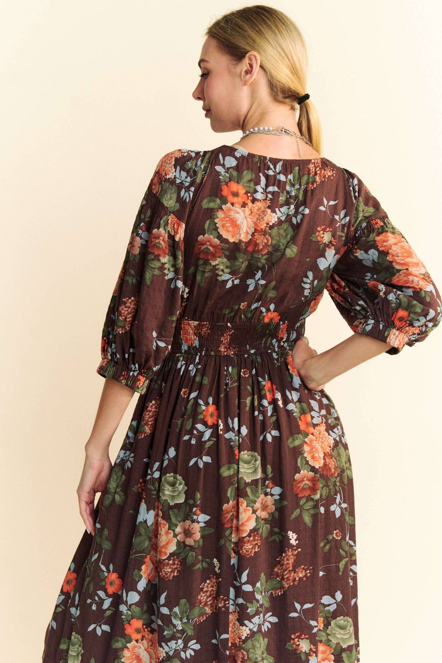 FLORAL THREE QUARTER SLEEVE SMOCKED MAXI DRESS