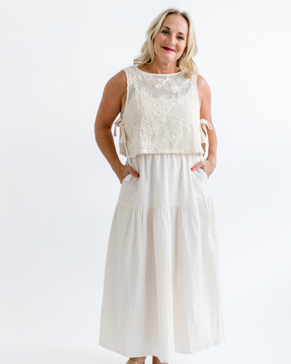 Embroidered Lace Vest & Sleeveless Midi Dress Set