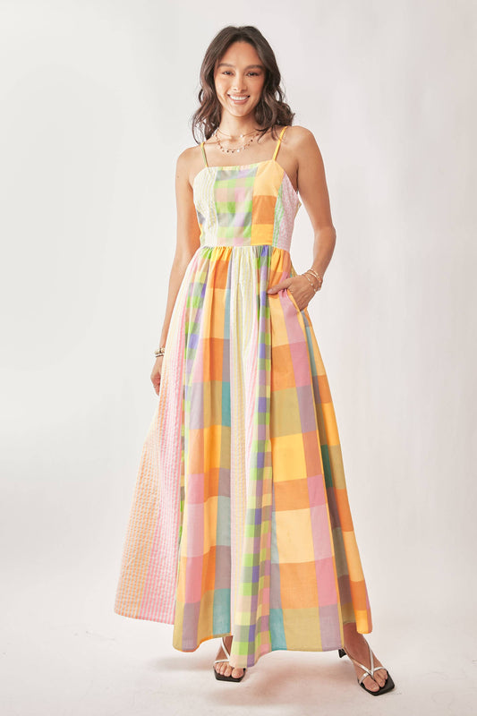 STRIPE PLAID COLOR BLOCKED SMOCKED MIDI DRESS