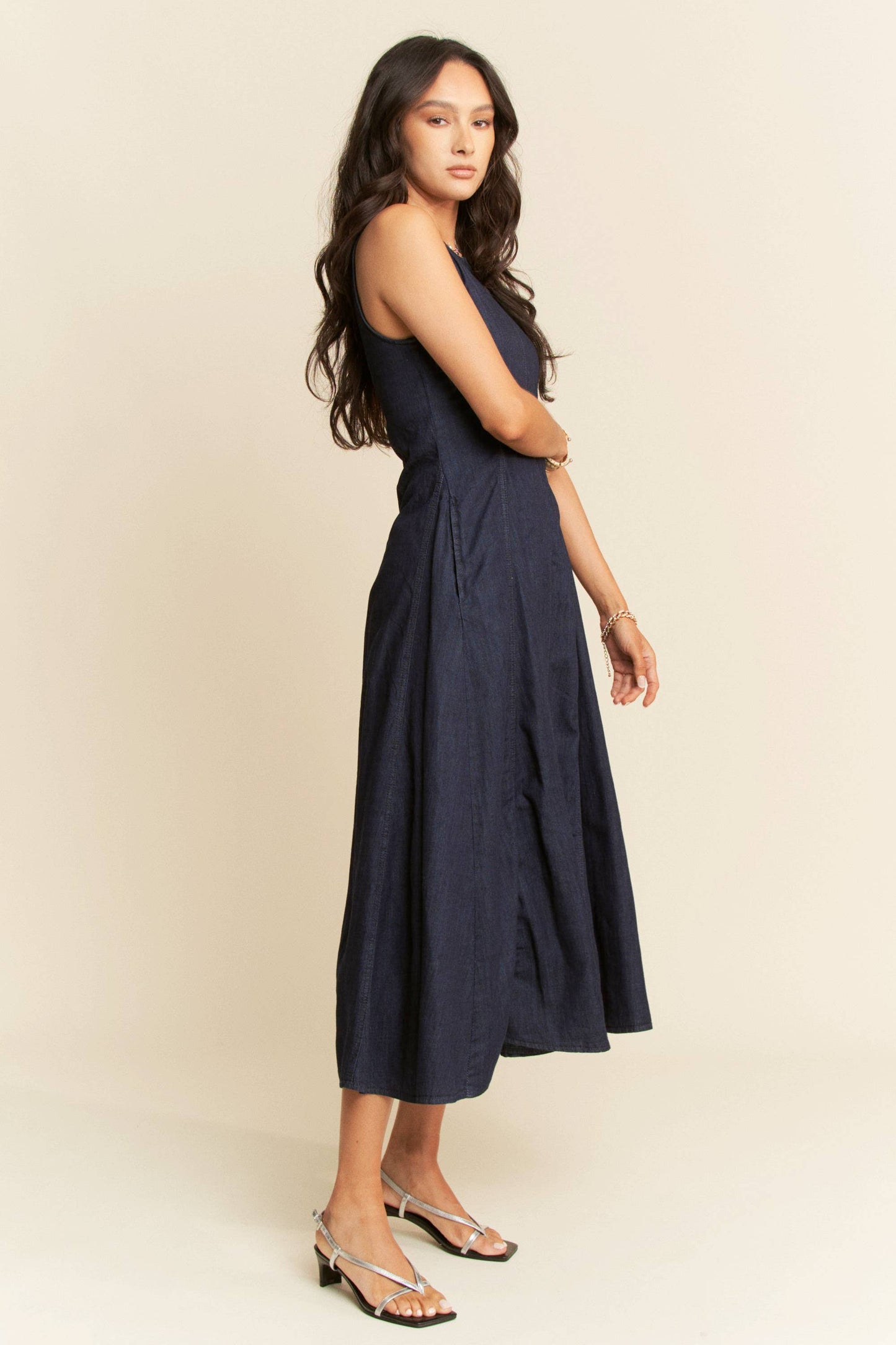 PLUS WASHED DENIM SLEEVELESS FLARE MAXI DRESS