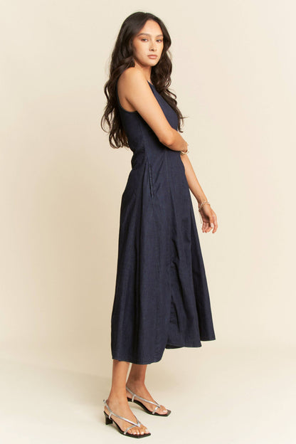 PLUS WASHED DENIM SLEEVELESS FLARE MAXI DRESS