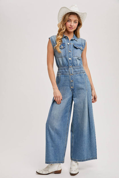 DENIM SLEEVELESS SHIRT JUMPSUIT