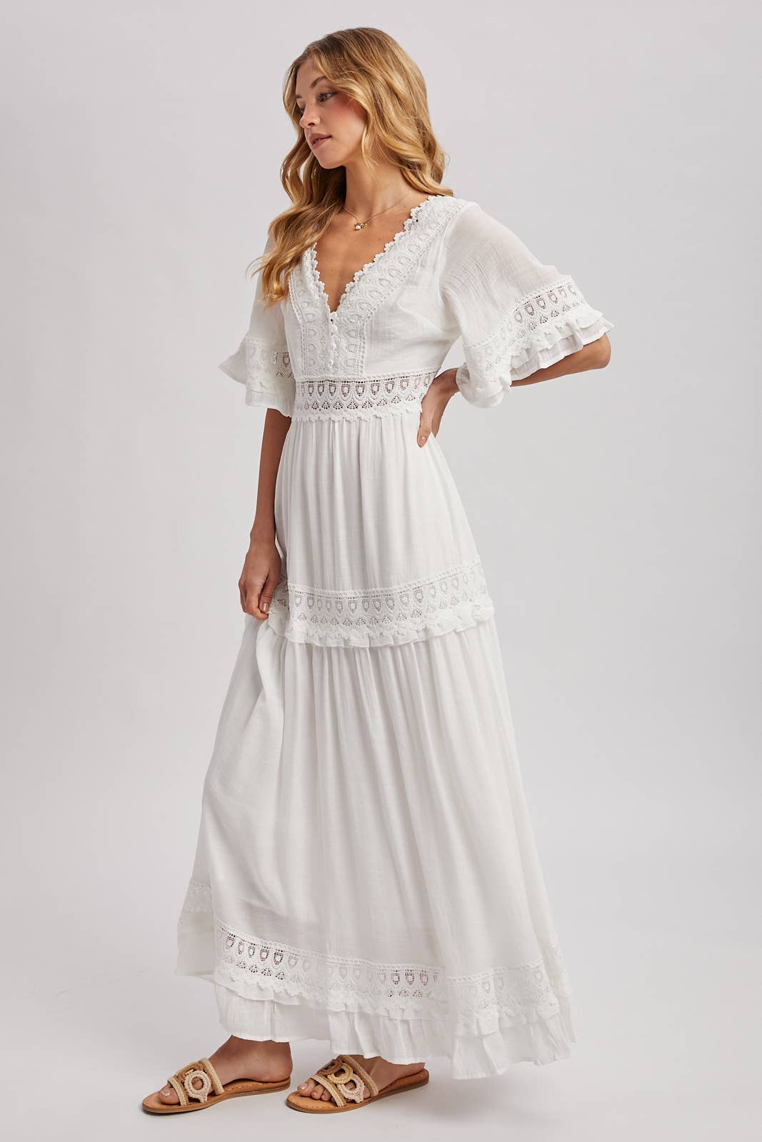 V-NECK LACE TRIM MAXI DRESS