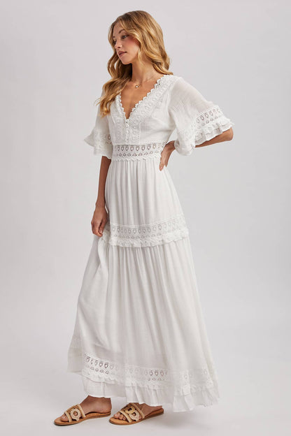 V-NECK LACE TRIM MAXI DRESS