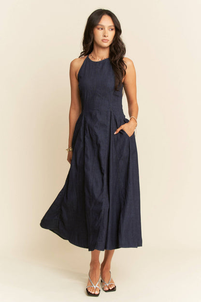 WASHED DENIM SLEEVELESS PANEL FLARE MAXI DRESS
