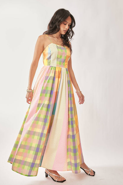 STRIPE PLAID COLOR BLOCKED SMOCKED MIDI DRESS