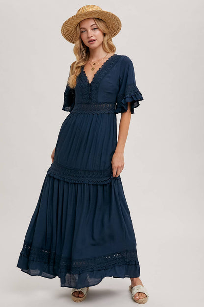 V-NECK LACE TRIM MAXI DRESS