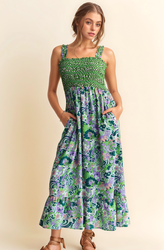 MULTI SMOCKED BODICE GEO RUFFLE STRAPPY MIDI DRESS