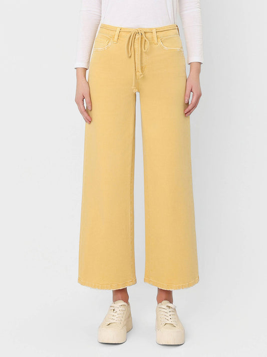High Rise Drawstring Crop Wide Leg Jeans