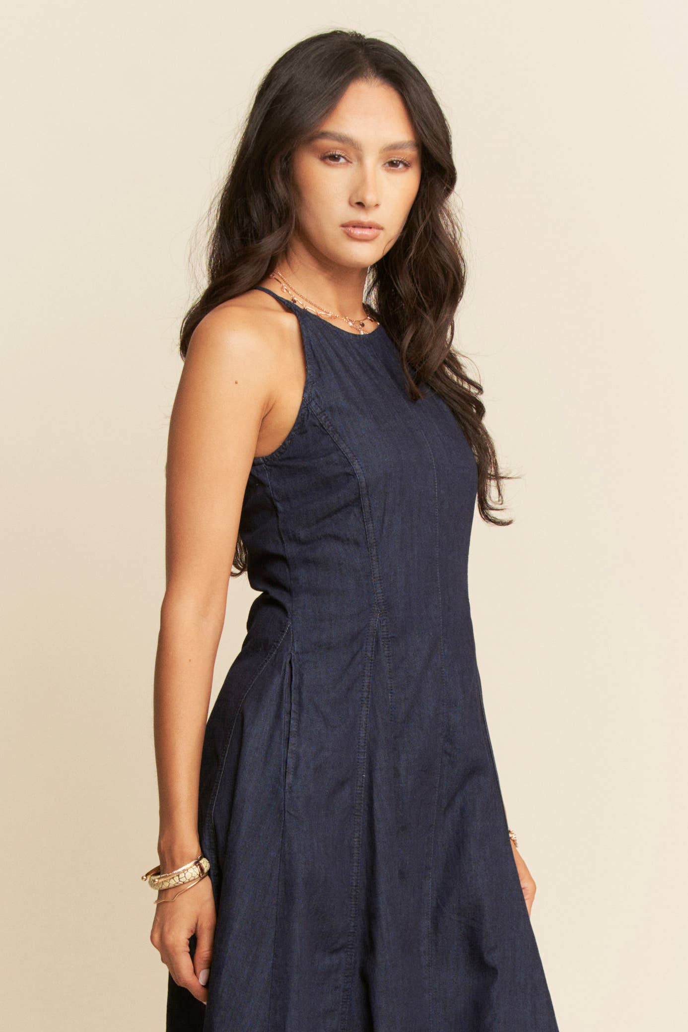 PLUS WASHED DENIM SLEEVELESS FLARE MAXI DRESS
