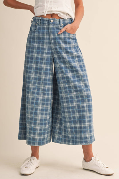 Plaid Denim Cropped Wide Leg Pants