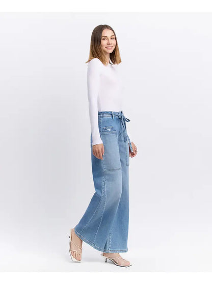 High Rise Elastic Tie Waistband Baggy Wide Jeans