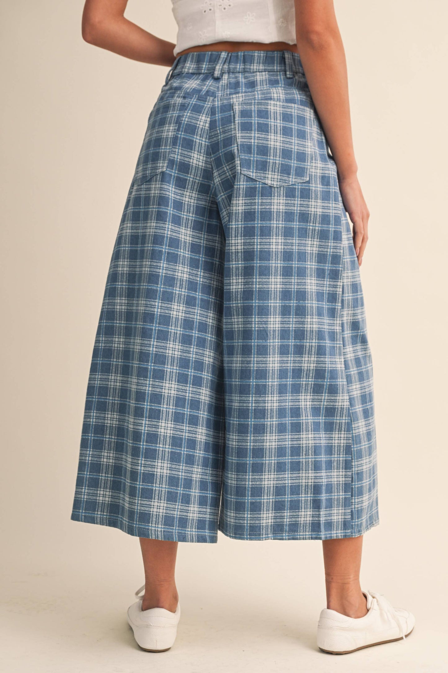 Plaid Denim Cropped Wide Leg Pants