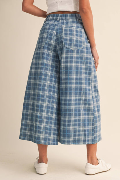 Plaid Denim Cropped Wide Leg Pants