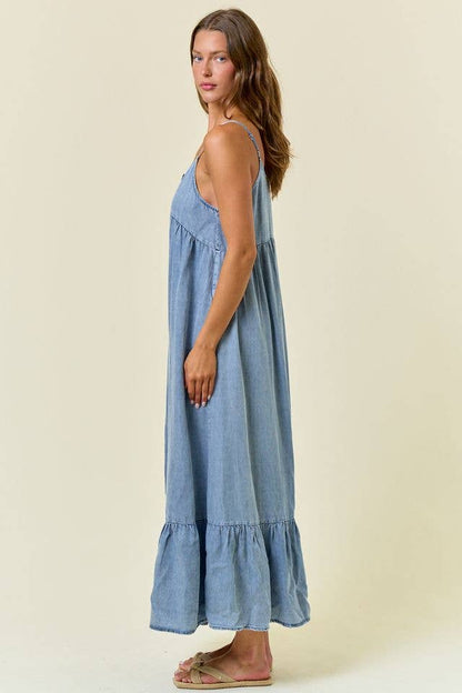 Chambray Tiered Ruffled Skirt Midi Dress