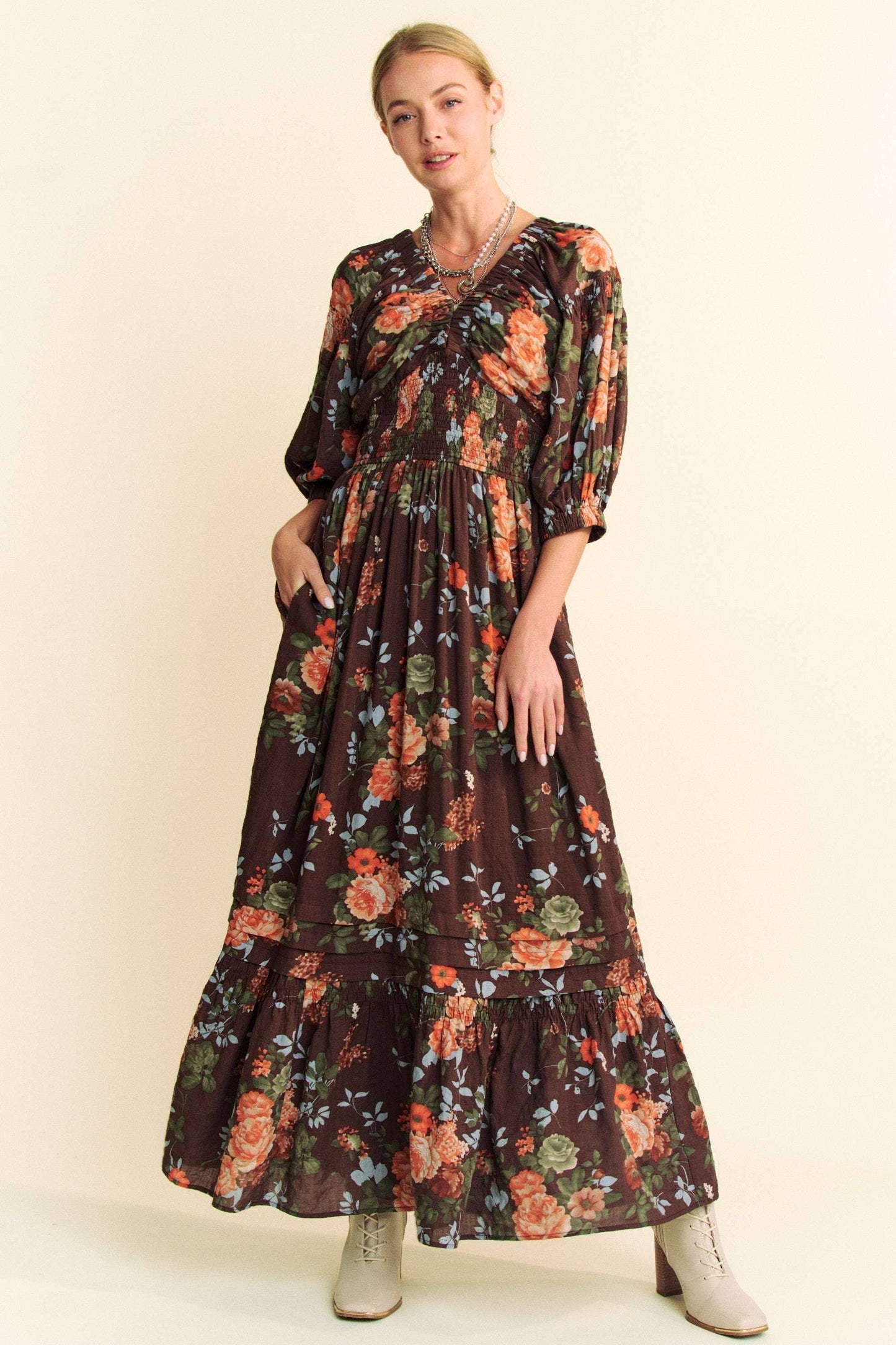 FLORAL THREE QUARTER SLEEVE SMOCKED MAXI DRESS