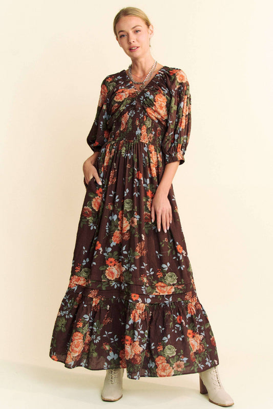 FLORAL THREE QUARTER SLEEVE SMOCKED MAXI DRESS