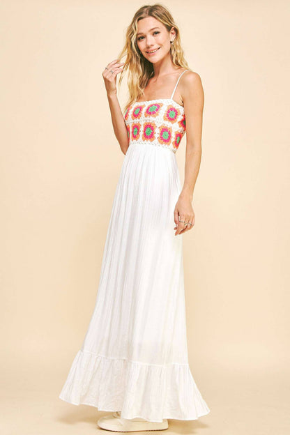 CROCHET BODICE BACK TEXTURED FABRIC MAXI DRESS
