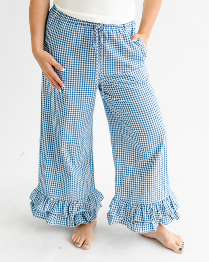 Gingham Ruffled Hem Pants - 100% Cotton