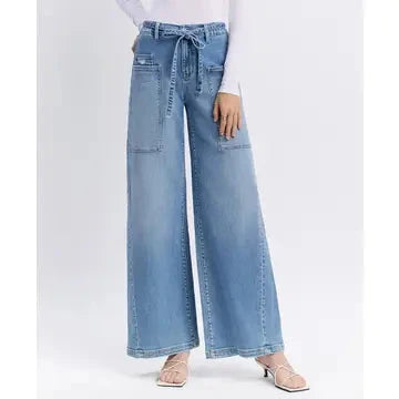 High Rise Elastic Tie Waistband Baggy Wide Jeans