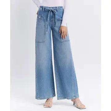 High Rise Elastic Tie Waistband Baggy Wide Jeans