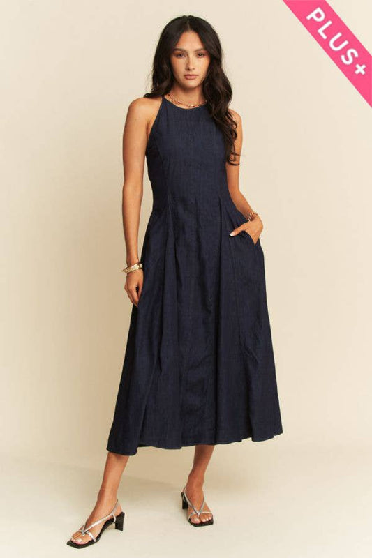 PLUS WASHED DENIM SLEEVELESS FLARE MAXI DRESS