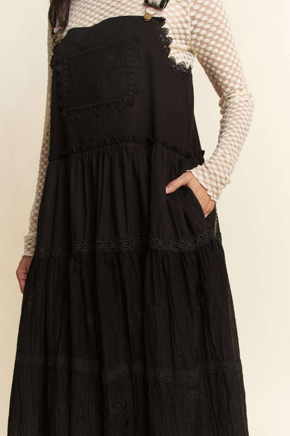 FRONT POCKET EMBROIDERED LACE PINAFORE DRESS