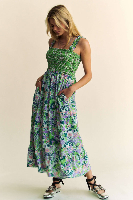 SMOCKED BODICE GEO RUFFLE STRAPPY MIDI DRESS