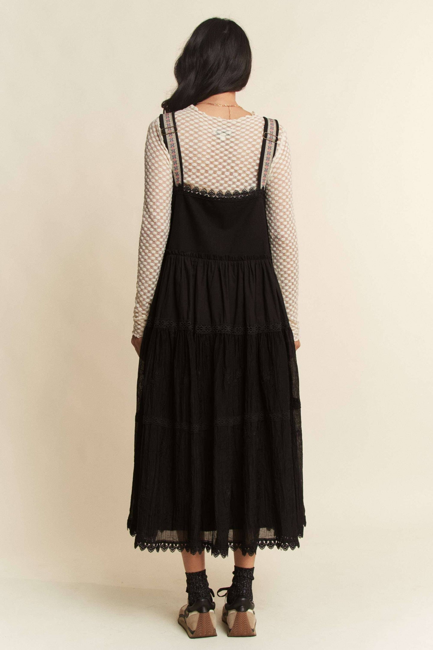 FRONT POCKET EMBROIDERED LACE PINAFORE DRESS