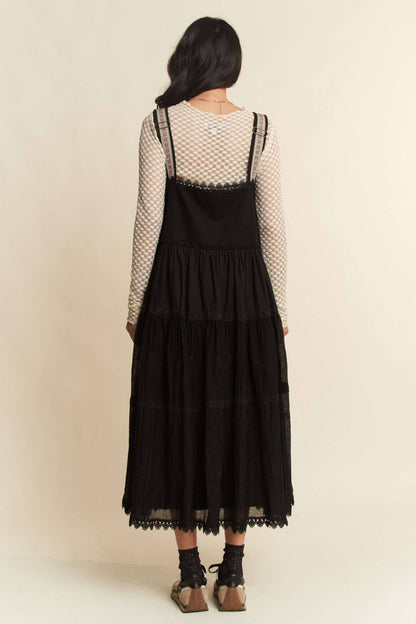 FRONT POCKET EMBROIDERED LACE PINAFORE DRESS