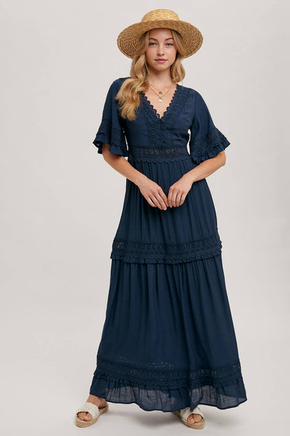 V-NECK LACE TRIM MAXI DRESS