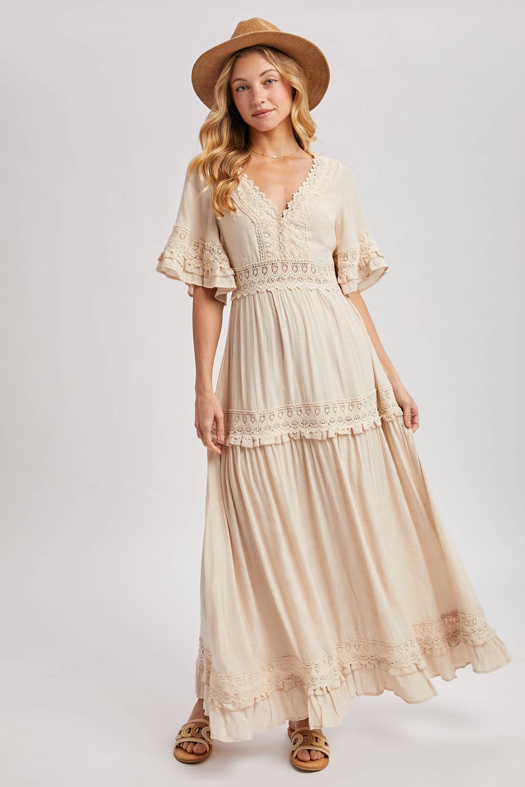 V-NECK LACE TRIM MAXI DRESS
