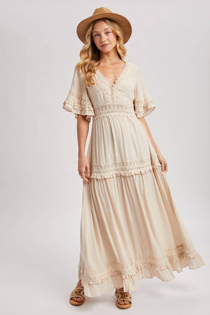 V-NECK LACE TRIM MAXI DRESS
