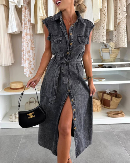Denim Sleeveless Button Down Belted Dress