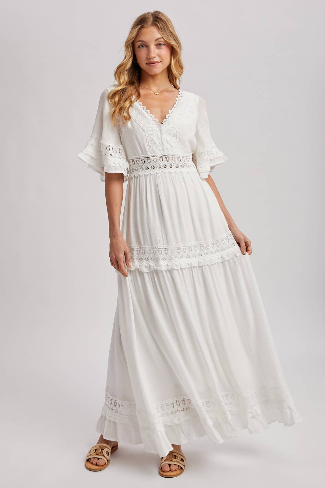V-NECK LACE TRIM MAXI DRESS