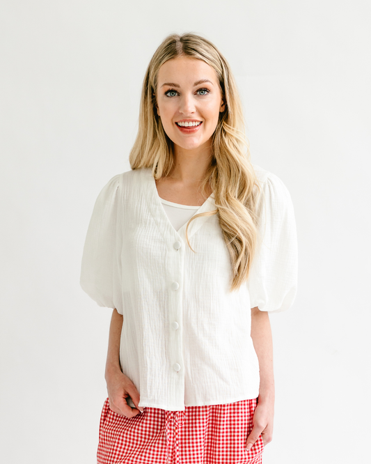 V-Neck Bubble Sleeves Blouse