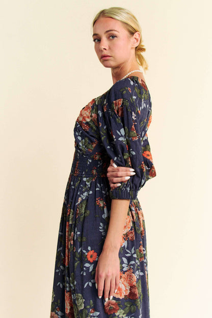 FLORAL THREE QUARTER SLEEVE SMOCKED MAXI DRESS