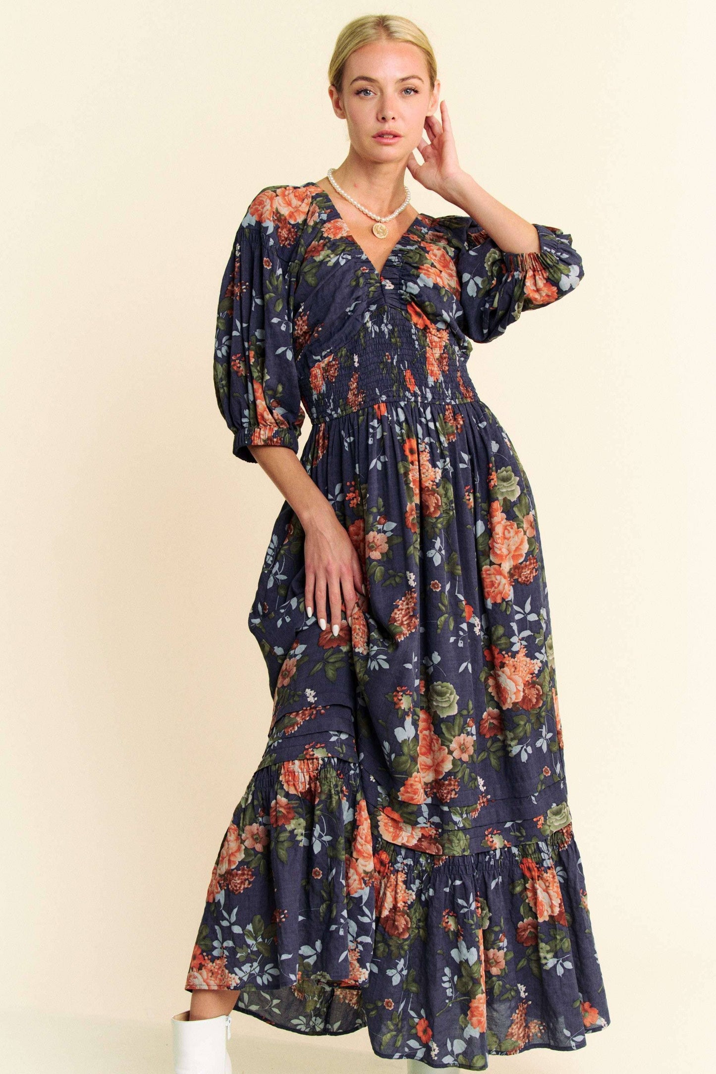 FLORAL THREE QUARTER SLEEVE SMOCKED MAXI DRESS