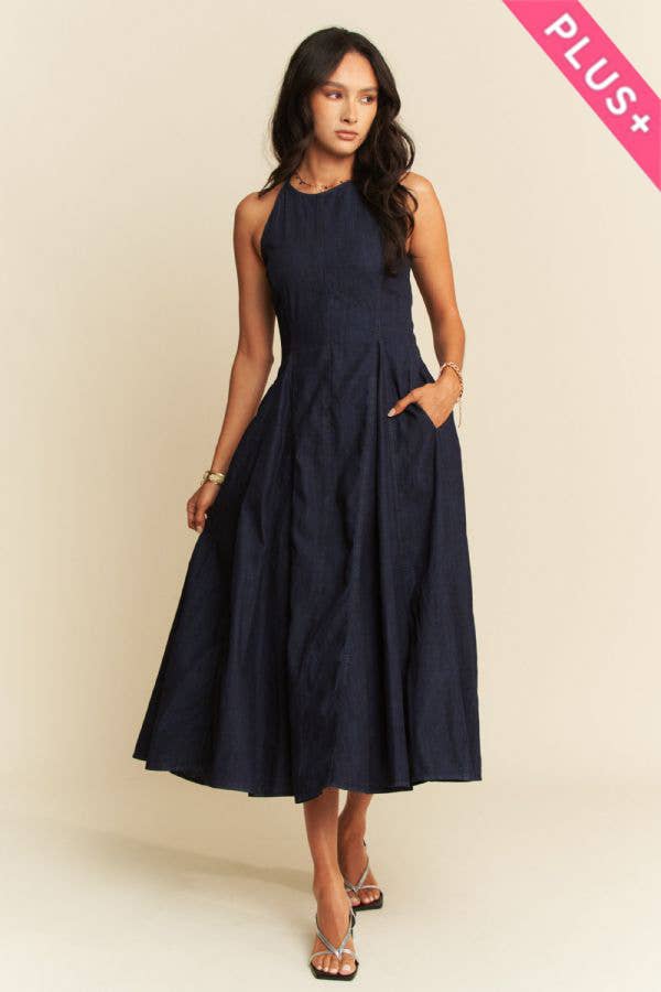 PLUS WASHED DENIM SLEEVELESS FLARE MAXI DRESS