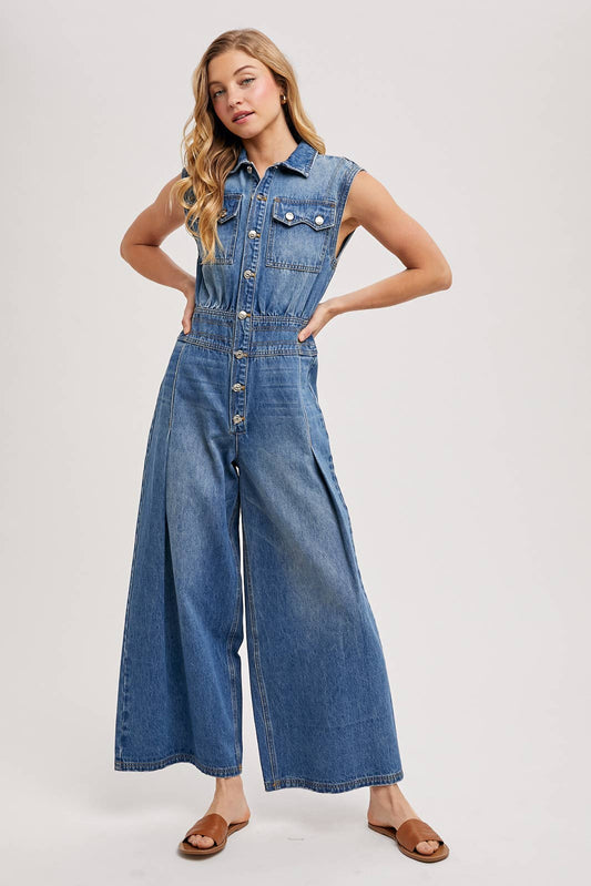 DENIM SLEEVELESS SHIRT JUMPSUIT