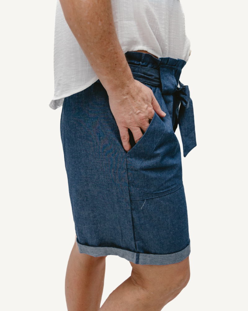 Denim paper bag shorts with a stylish look.