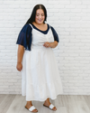 Plus size white dress with navy sleeves, featuring a unique waterfall sleeve design - Waterfall Sleeved Halftee.