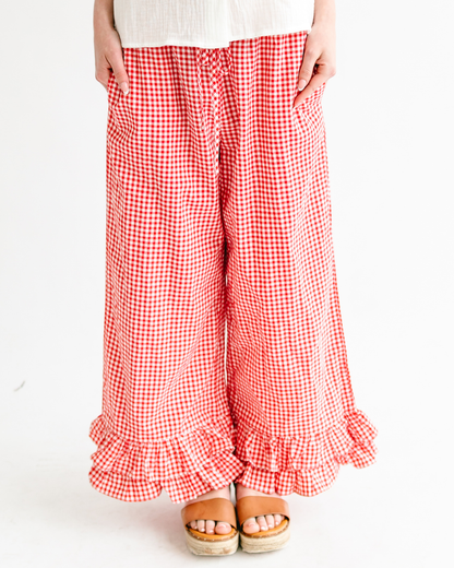 Gingham Ruffled Hem Pants - 100% Cotton