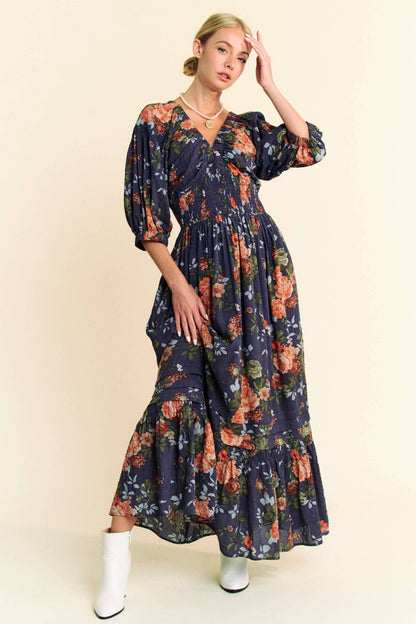 FLORAL THREE QUARTER SLEEVE SMOCKED MAXI DRESS