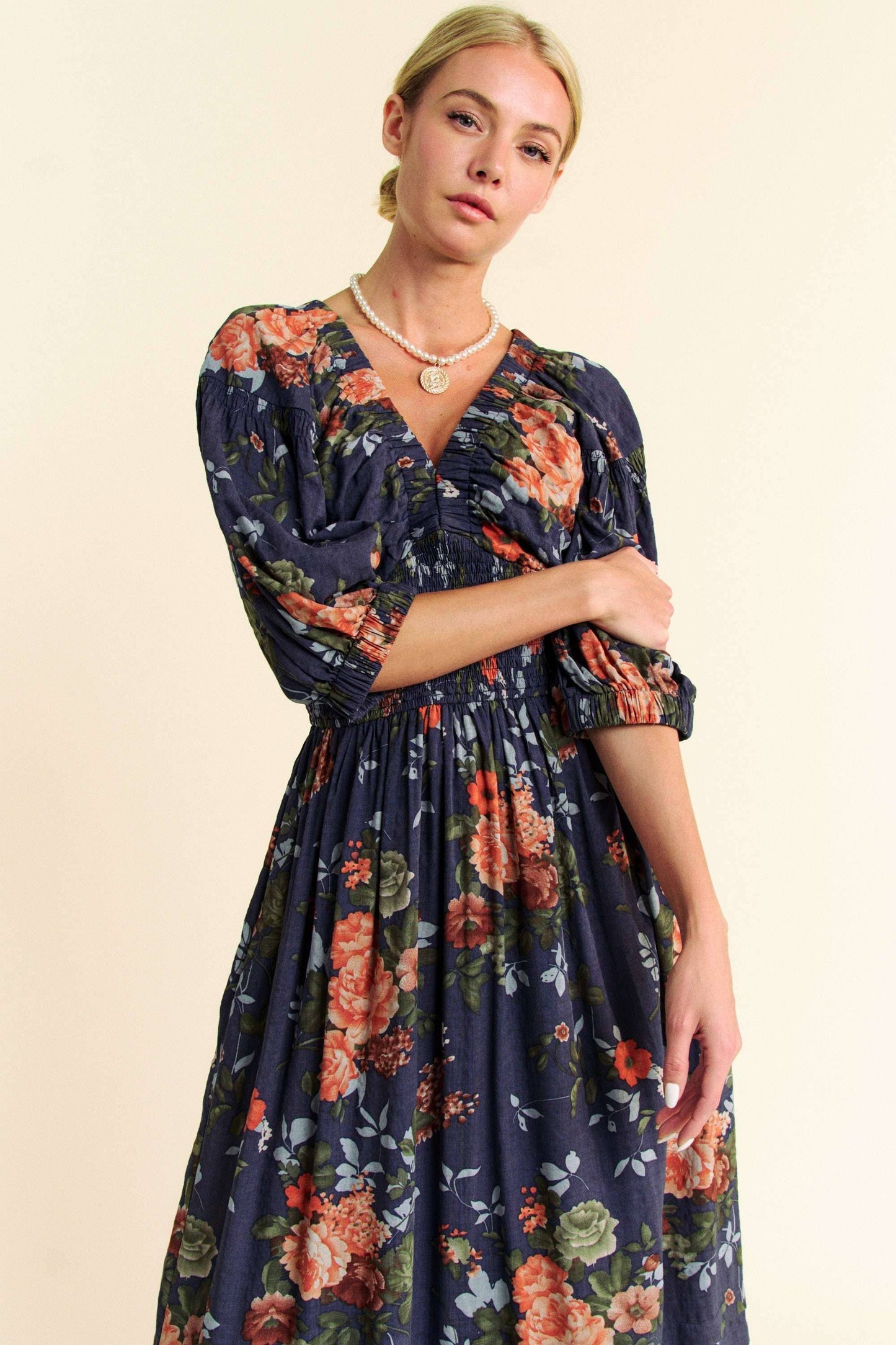FLORAL THREE QUARTER SLEEVE SMOCKED MAXI DRESS