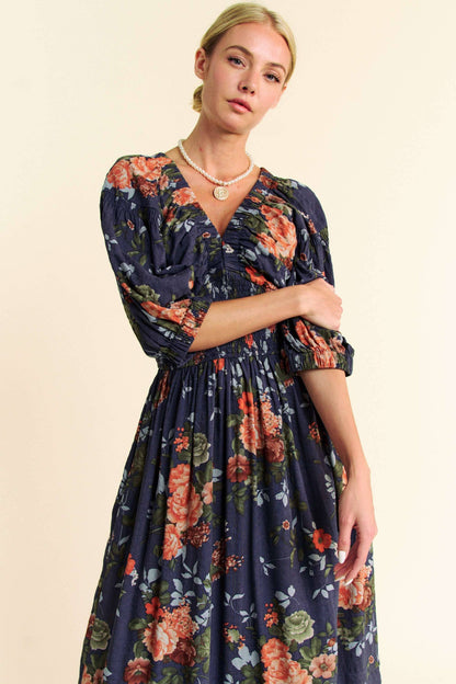 FLORAL THREE QUARTER SLEEVE SMOCKED MAXI DRESS