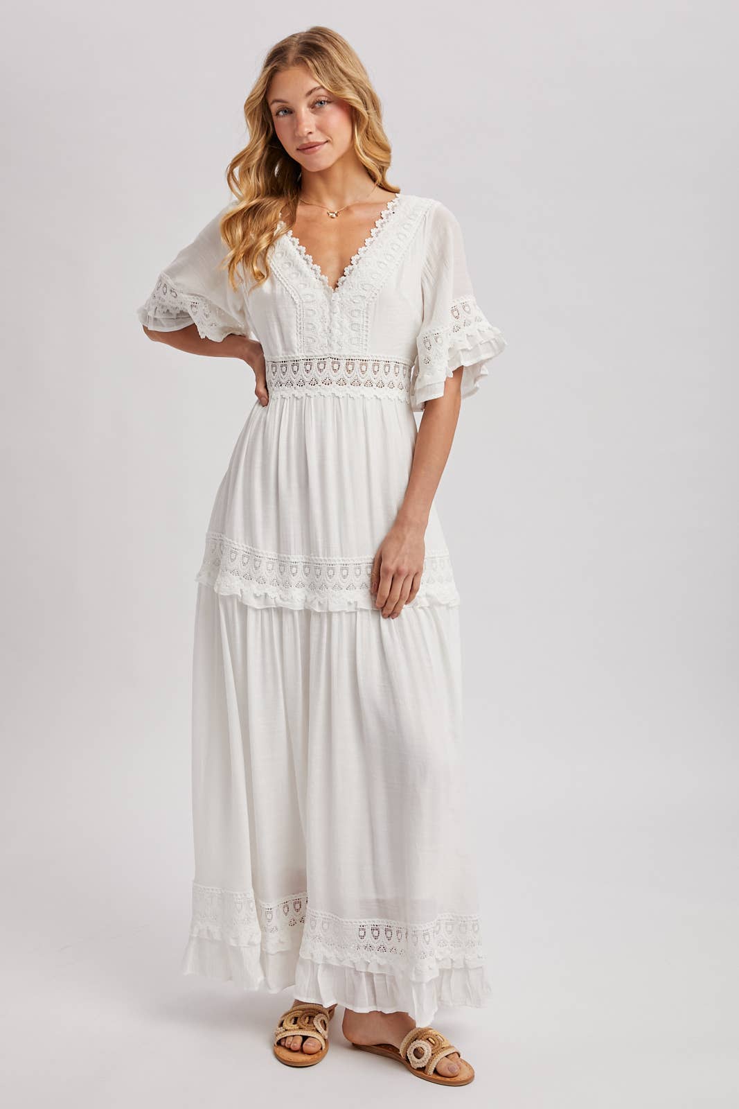 V-NECK LACE TRIM MAXI DRESS