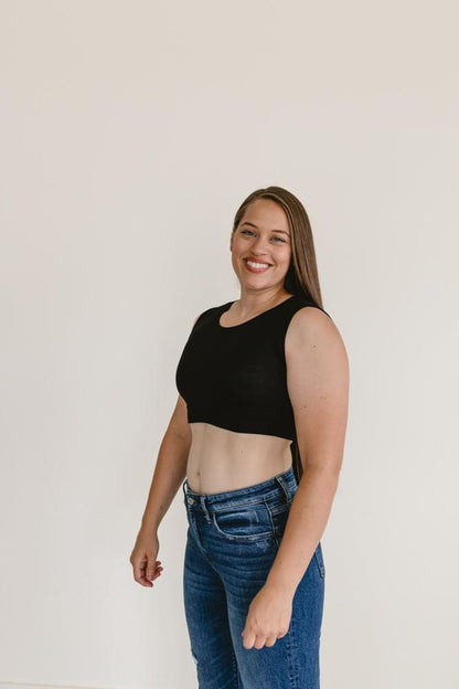 black crop top made from soft cotton blend, Crew Neck Tank Halftee.