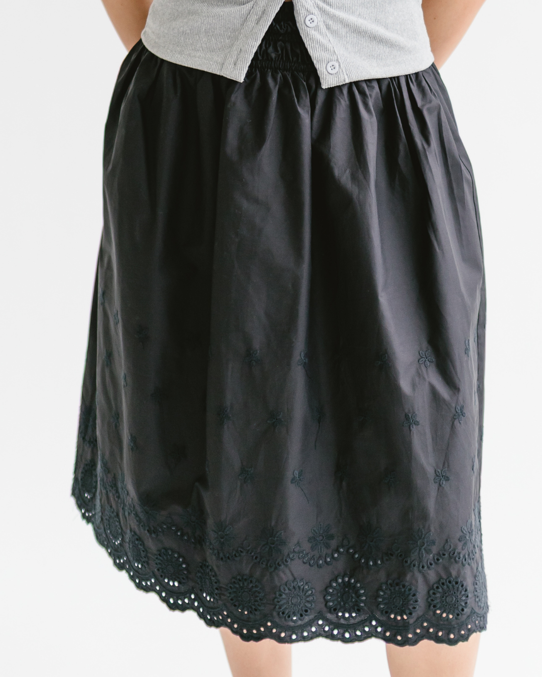 Elastic Waist Lace-Trim Midi Skirt