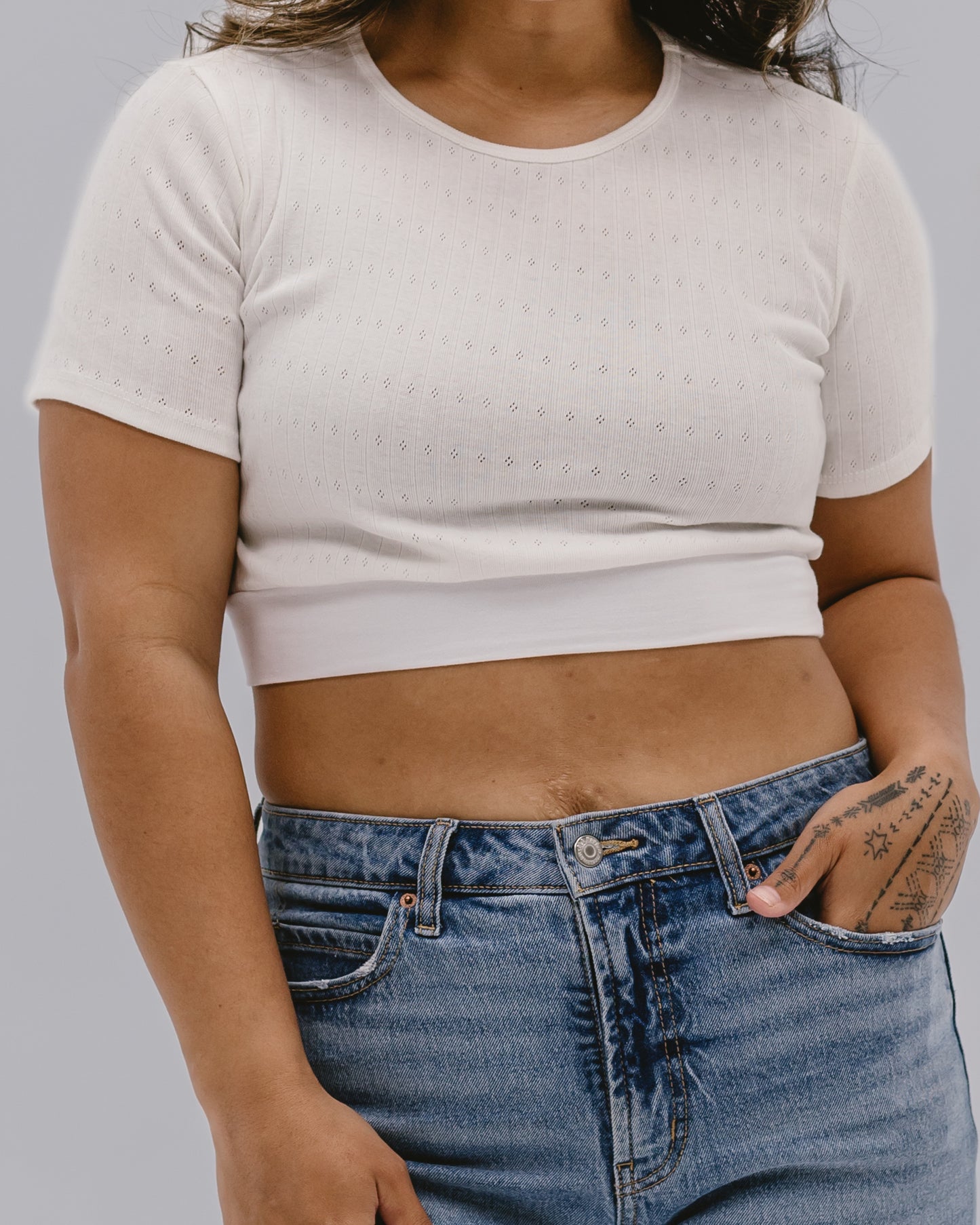 Eyelet Knit Boyfriend Sleeve Halftee - 100% Cotton